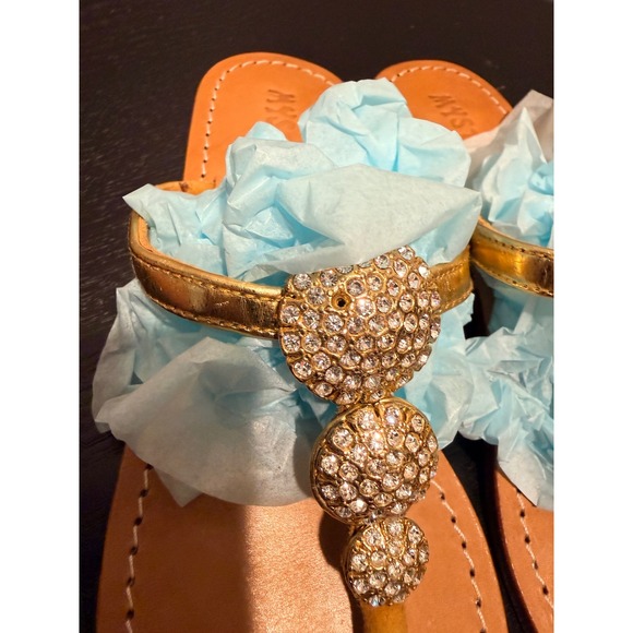 Mystique Gold Jeweled Leather Thong Sandals Womens 6 Crystal Embellished Flat - Picture 2 of 6